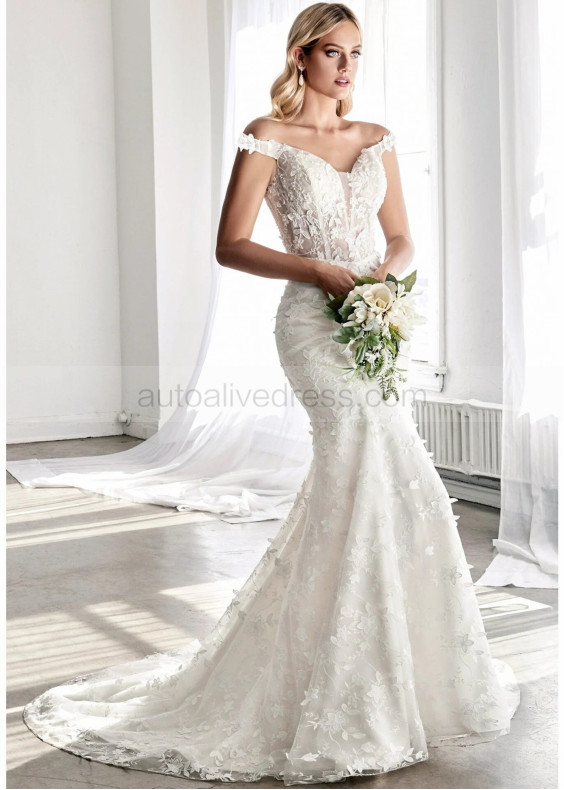 Ivory Floral 3D Lace Beaded Mermaid Wedding Dress